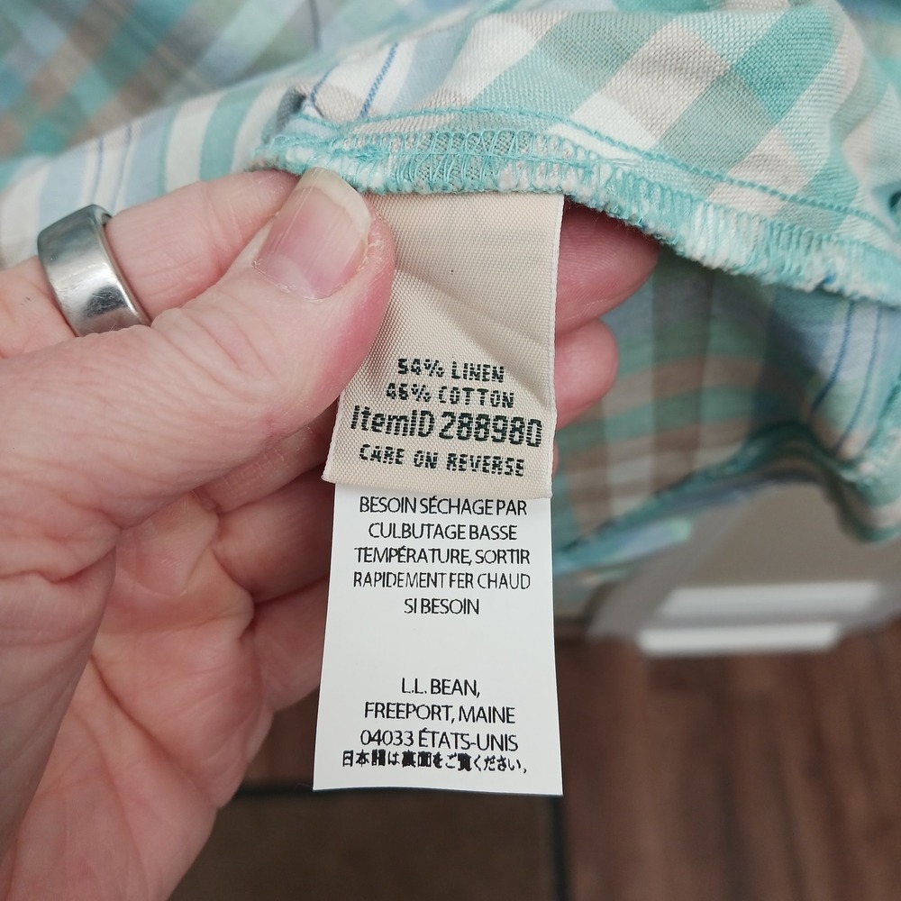 LL Bean Dress Size 6 Linen Cotton Blue Green Plaid V-Neck A-Line Spring Casual - Picture 5 of 7